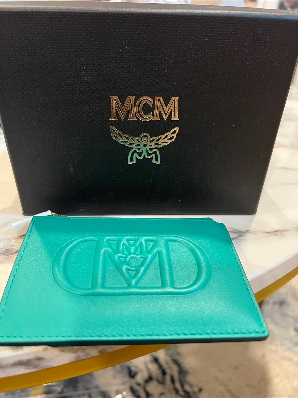 MCM Teal Embossed Leather Card Pouch full set
